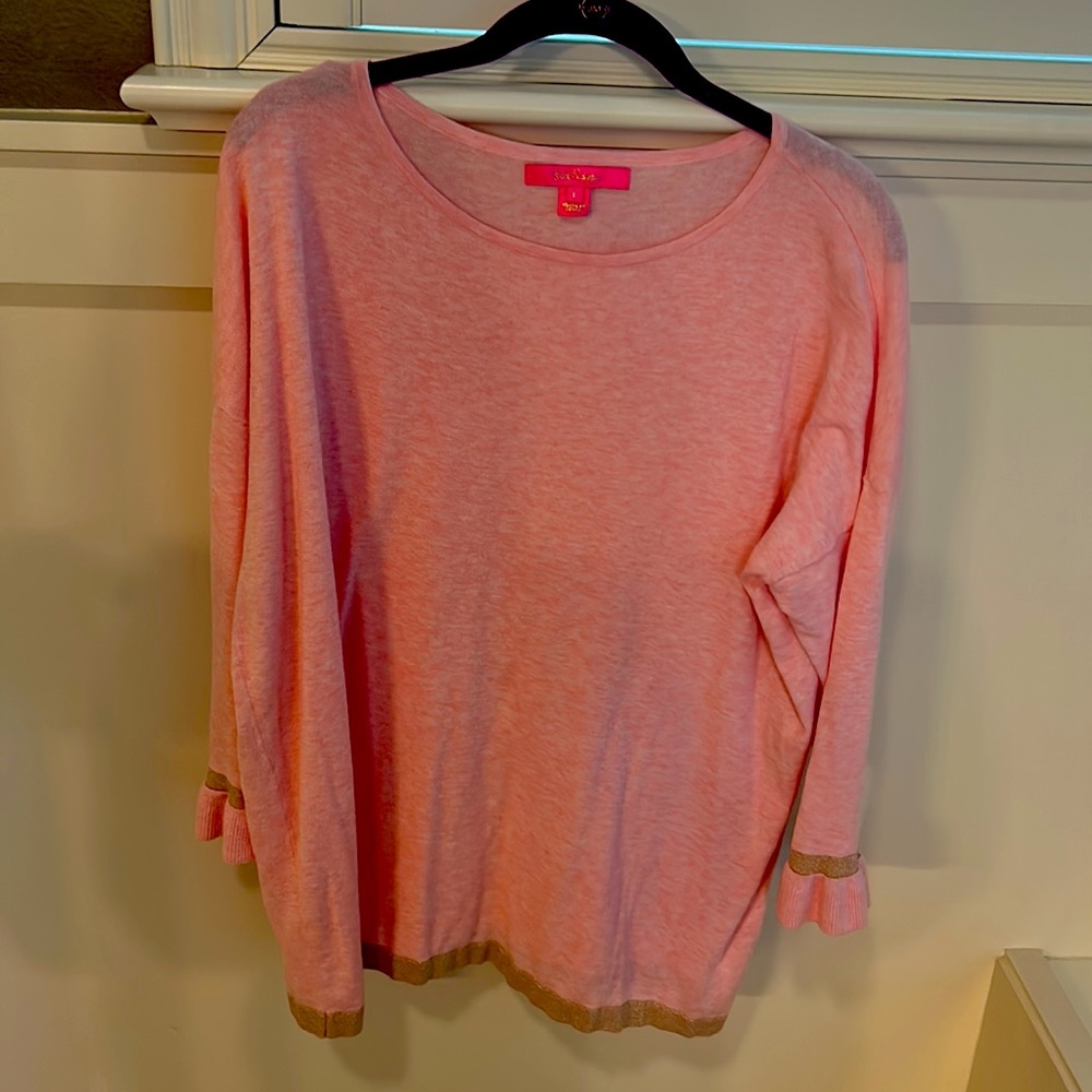Lilly Pulitzer, summer sweater, three-quarter sleeves pink with gold on sleeves - Picture 2 of 5